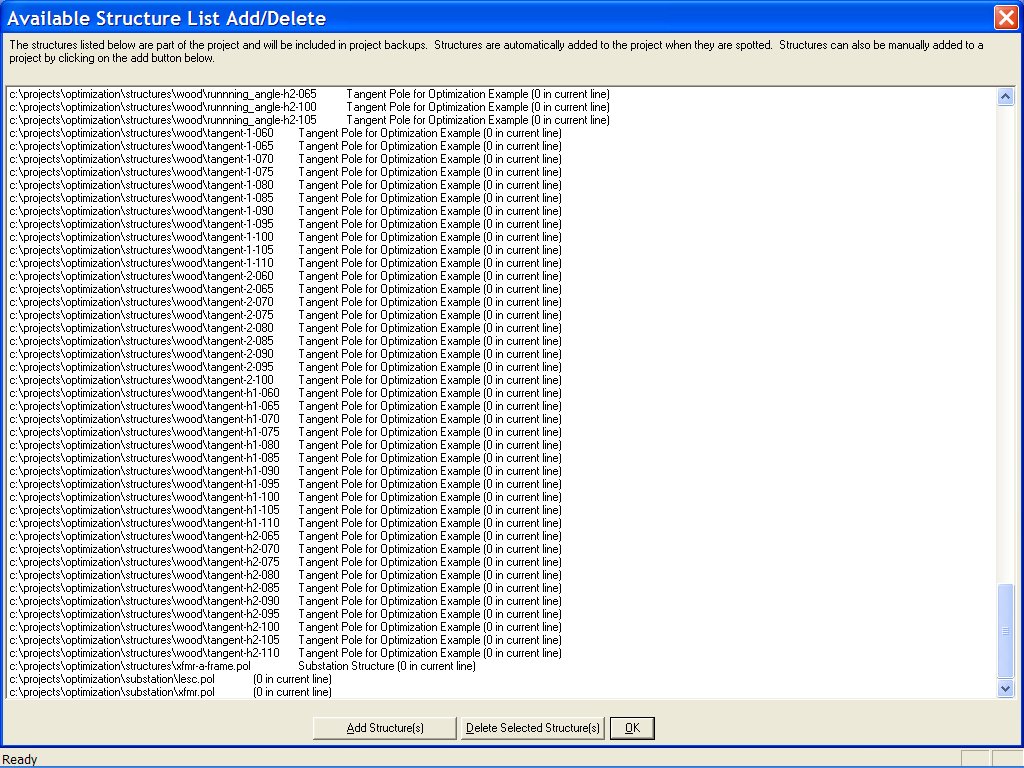 Adding Structures to the Available Structure List in PLS-CADD Structures / Available Structures List / Add/Del Structures