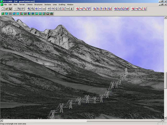 PLS-CADD line shown on DEM terrain with DOQ drape