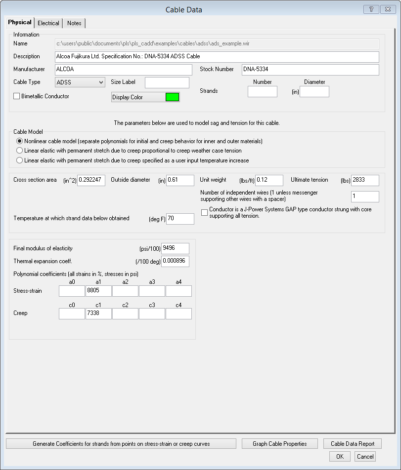 PLS-CADD Cable Data Dialog Box